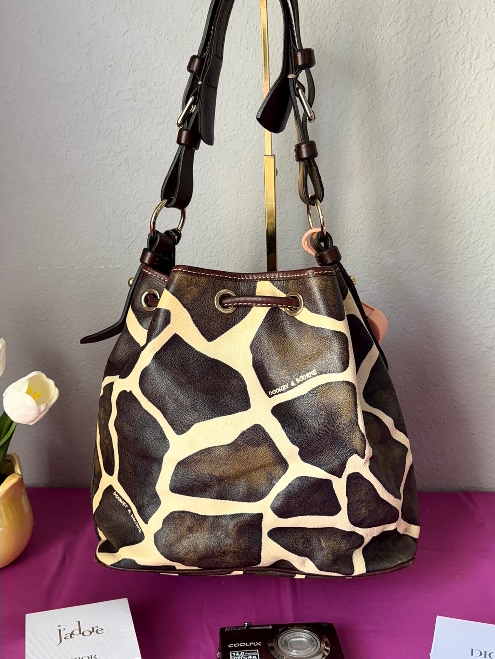 Dooney & Bourke Brown and Cream Giraffe-Print Drawstring Bucket Bag - Picture 6 of 10